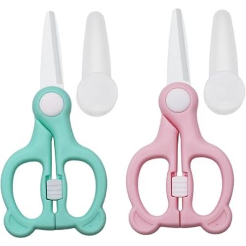 Baby Food Scissors with Travel Case, 2 Pack Ceramic Food Scissors Kids, Toddler Scissors with Safety Lock, Ideal for Pizza, Meats, Noodles, Vegetables, and Fruits(Pink and Green)