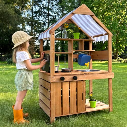 OOOK Kids Mud Kitchen, Fir Wood Outdoor Play Kitchen with Water Sink | Toddler Outdoor Playset for Ages 3+, Canopy, Gardening Tools, Chalkboard, Flower Pot, Cookingware