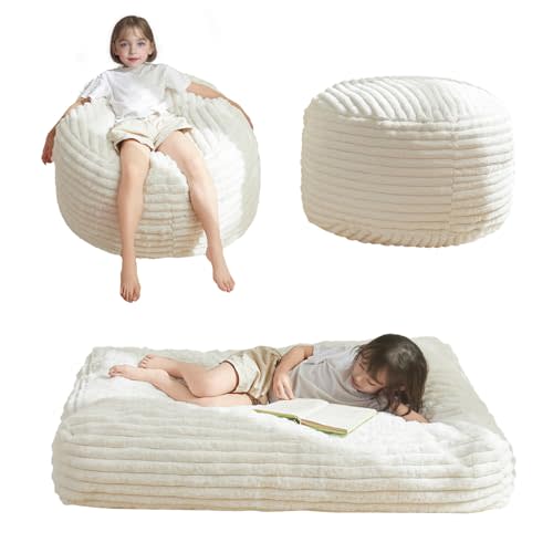 MAXYOYO Kids Bean Bag Chair Bed, Convertible Children Chair to Floor Mattress with Filler, Faux Fur Bean Bag Bed Stuffed Child Sofa Couch for Girl Boy Sleeping, Machine Washable Cover, Beige