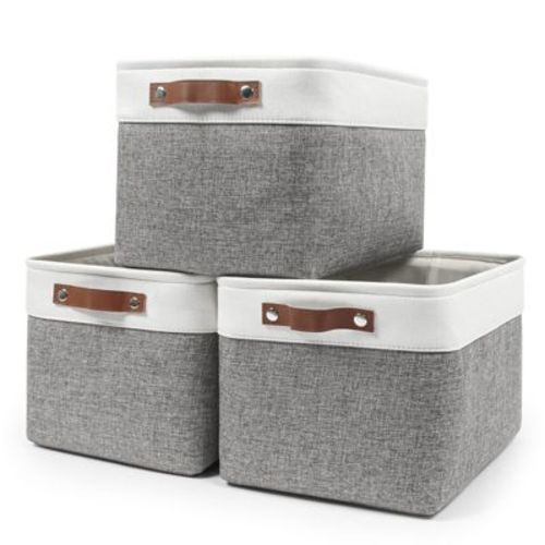 Aoibox Large Fabric Storage Bins Decorative Linen Baskets with Handles for Closet Shelves Organization Grey White 3 Pack