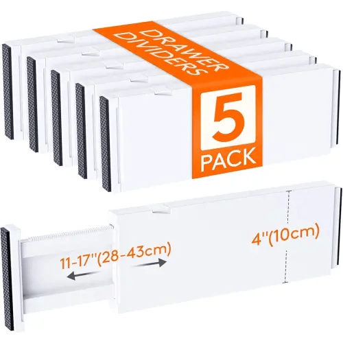 Lifewit 5 Pack Drawer Dividers 4" High, 11-17" Adjustable Dresser Drawer Organizers for Clothes, Expandable Drawer Separators in Kitchen/Bedroom/Bathroom/Vanity/Office Organization and Storage, White