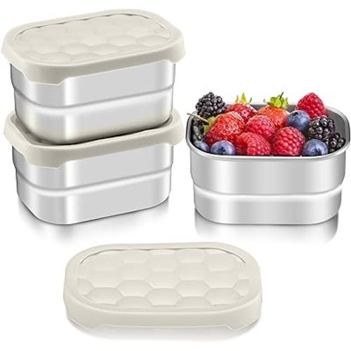 HaWare Stainless Steel Snack Containers for Toddlers and Kids, 8 oz Leak Proof Food Storage Containers with Khaki Silicone Lids, Stackable Small Metal Lunch Box for Daycare and School- 3 Packs