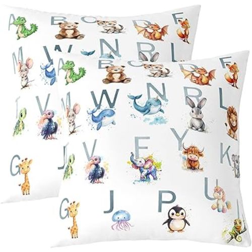 Erosebridal Pack of 2 Nursery Safari Kids Throw Pillow Covers Child - Alphabet Forest Animals Pillow Covers Lovely Cat Elephant Rabbit Unicorn Cushion Cases Cute Safari Woodland Decor,18x18 Inch
