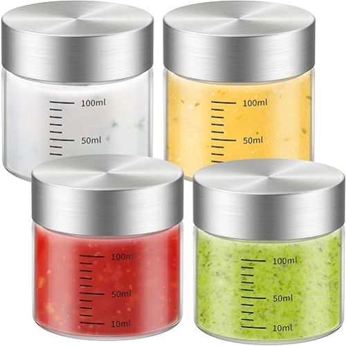 4 Oz Glass Bottles, 4 Pack Glass Jar with Lid, BPA Free, Borosilicate Glass, Stainless Steel Lids for Juicing, Smoothies, Infused Water, Beverage Storage