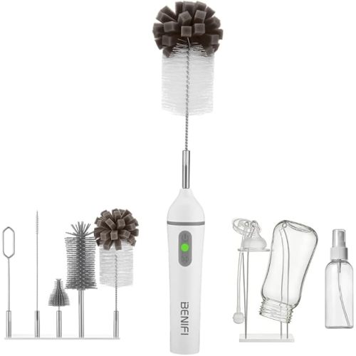 Electric Bottle Cleaner Pro, 11 in 1 Baby Bottle Brush with Drying Rack, Sponge Brush, Silicon Brush, Formula Mixer, Nipple Brush, Soap Dispenser, Microfiber Cleaning Cloth Included