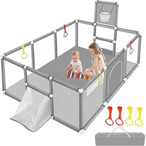 74"×50" Large Playpen for Babies and Toddlers, Kids Playyard with Basketball Hoop & Football Nets, Comes with a Storage Carry Bag, Pull Up Rings, Sturdy Safety Play Pen w/Soft Breathable Mesh (Grey)