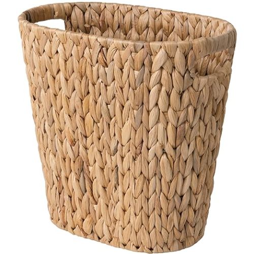 StorageWorks Wicker Waste Basket, Handwoven Water Hyacinth Trash Can with Built-in Handles, Wicker Garbage Can for Bedroom, Bathroom, 1 Pack