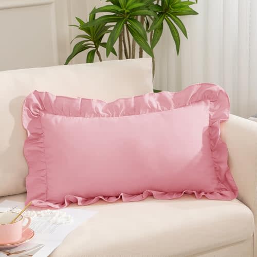 Pink Ruffle Lumbar Pillow Cover, 12x20 Inch | Ruffled Cushion Case, Decorative Farmhouse Throw Pillow Cover, For Couch Sofa Bed Living Room, Pack of 1
