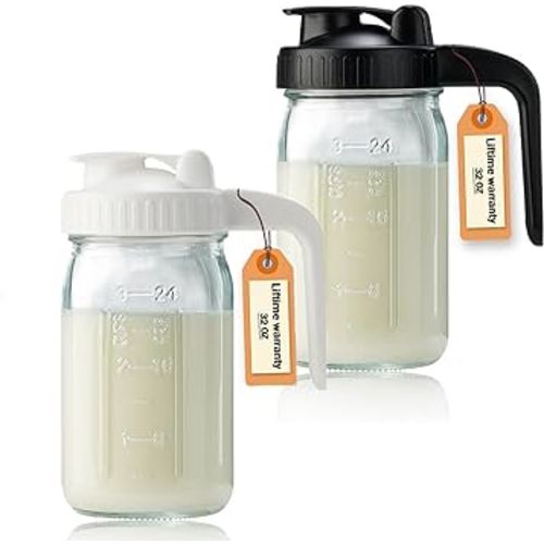 32oz Glass Pitcher with Lid & V-shaped Pour Spout - 1 Quart Double Leak Proof, Creamer Container for Sun Tea, Juice, Cold Brew Coffee, Breastmilk Storage Container