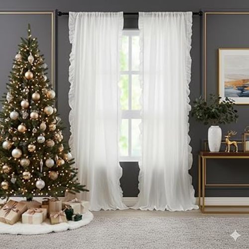 ZJDECOR 84 Inches Length Cream White Curtains with Ruffle Edges,Not-See-Through Sheer Panels,Rustic Living Room Bedroom Window Treatment,Crinkled Farmhouse Style,Rod Pocket,40" Wx84 L,Pack of 2