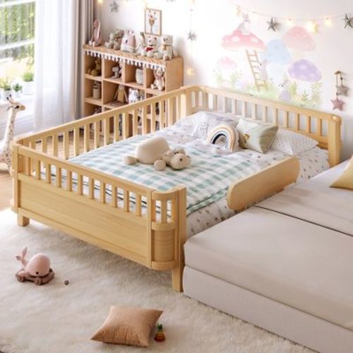 Bellemave Full Platform Bed with Safety Guardrails and Detachable Fence,Solid Wood Platform Bed Frame with Extra Side Guardrail for Kids,Natural