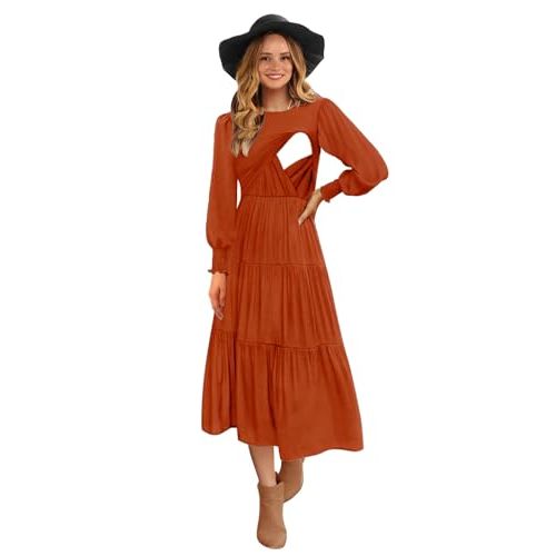 CzzzyL Womens Flutter Long Sleeve Smocked Tiered Nursing Dress for Breastfeeding with Pockets