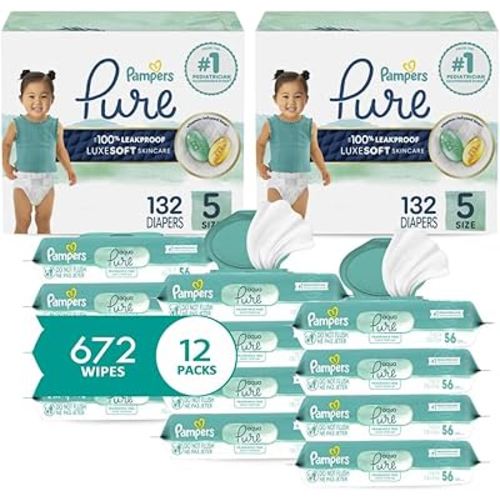Pampers Pure Protection Disposable Baby Diapers Size 5, 2 Month Supply (2 x 132 Count) with Aqua Pure Sensitive Baby Wipes, 12X Pop-Top Packs (672 Count)