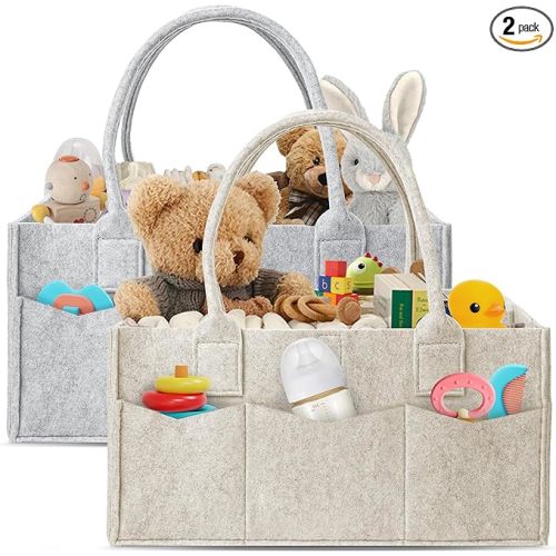 HIPHOP PANDA 2-Pack Diaper Caddy Organizer - Nursery Storage Bin & Car Organizer for Diapers, Wipes, and Baby Essentials - Dual-Color Solid Set (Grey/Oatmeal), Regular Size
