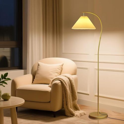 Unique Arc Floor Lamp, Bright 12W Three-Color Dimming Bulb, Wavy Pleated Lamp shade, Brass Gold Curved Standing Reading lamps Living Room Bedroom Office Library, Modern Cute Rustic Vintage Tall Lights