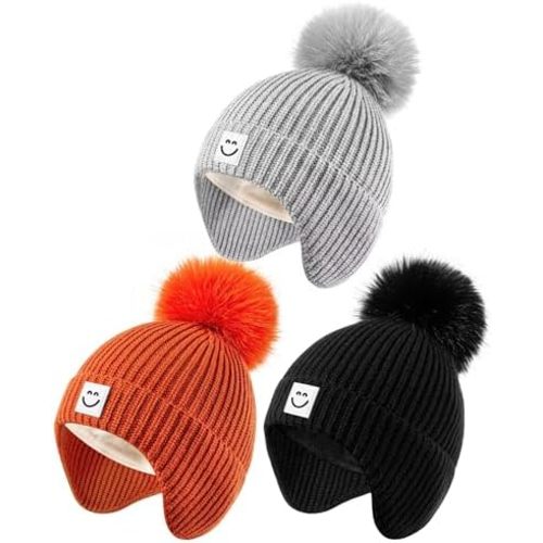 3 Pack Baby Winter Hats with Earflaps, 2 Size Kids Pom Pom Beanie for Infant Toddler Children, Smiley Face Hat for Girls Boys