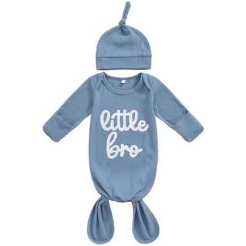 Newborn Boy Coming Home Outfit Little Bro Sleeper Knotted Baby Gown And Hat Infant Nightgown Stripe Sleeping Bag