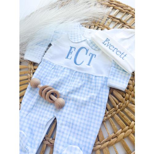 Custom Baby Boy Coming Home Outfit Romper, Monogrammed Collar, Hospital Photos