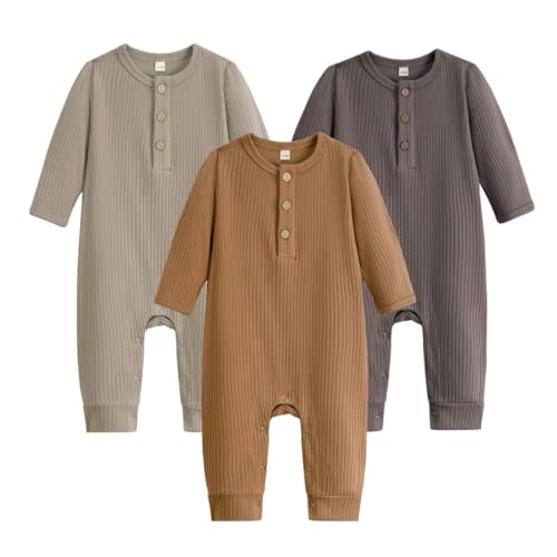 Bafeicao Baby Boy Girl 3 Pack Solid Romper Ribbed Cotton Long Sleeve Jumpsuit Infants Outfits Clothes with Mitten Cuffs