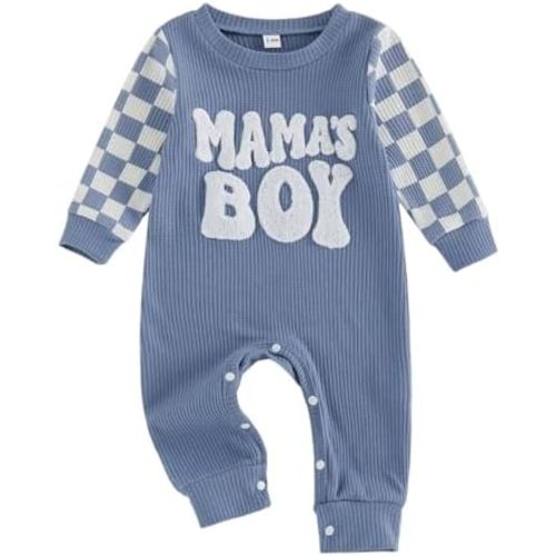 Newborn Baby Boy Fall Winter Clothes Mamas Boy Embroidery Jumpsuit Waffle Round Neck Romper Onesie 3 6 12 18 Months