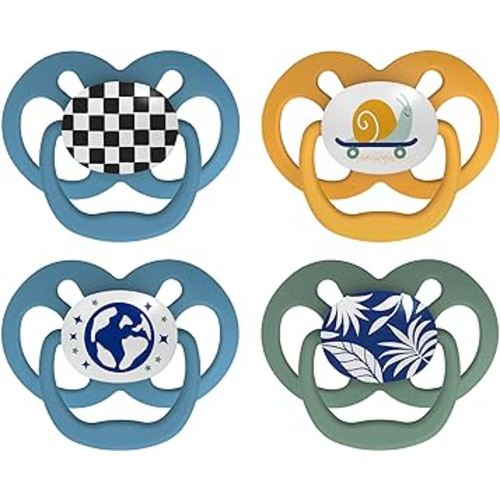 Dr. Brown's Advantage Glow-in-The-Dark Baby Pacifier, Fully Symmetrical Soother with Soft Silicone Bulb, Skateboard Snail-Blue Nature, 6-18m, BPA Free, 4 Pack