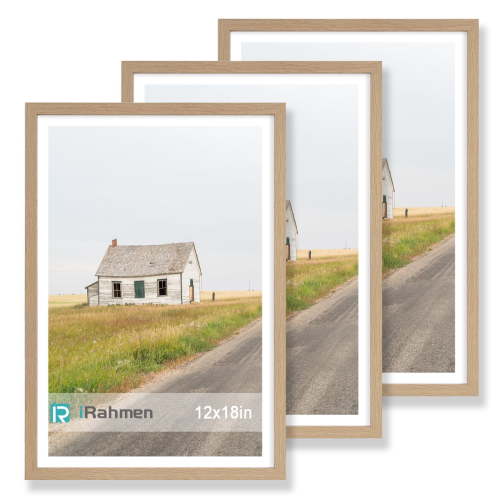 iRahmen 12x18 Frame 3 Pack - wood grain color Wood Picture Frame with Mat - Wall Mount Photo Frame for Horizontal & Vertical Display - Poster, Artwork, Gallery Wall