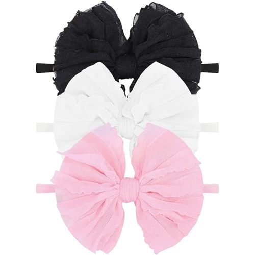 Baby Girls Headbands Bows Newborn Lace Hair Bow Hair Accessories for Infant Baby Girls Headband Toddler Black White Light Pink 3Pcs