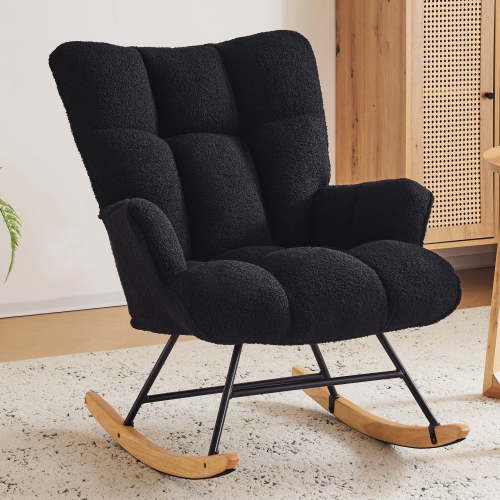 SAETSFEG Rocking Chair Nursery Teddy Upholstered Glider Rocker Rocking Accent Chair Padded Seat with High Backrest Armchair Comfy Side Chair for Living Room, Bedroom, Black