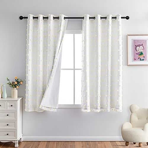 MYSKY HOME 100% Blackout Curtains for Nursery Thermal Insulated Yellow Pom Pom Curtains 63 Inch Length for Girls Bedroom 2 Panels Grommet White Sheer Curtains for Dining Room, 52W x 63L