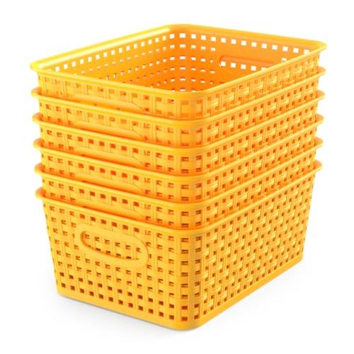 WYT 6-Pack Plastic Small Shelf Storage Weave Baskets Organizing for Cabinets and Pantries, Yellow