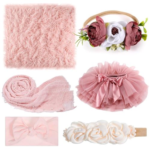 6 Pcs Newborn Photography Props Outfits Included Wraps Blanket Fluffy Tutu Skirt and Baby Headbands Newborn Photoshoot Outfits for Infant Boys Girls