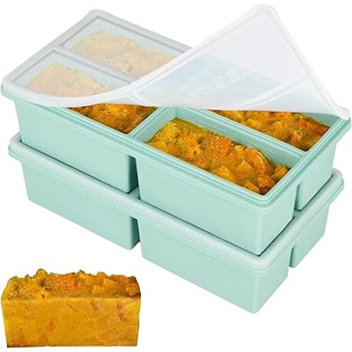Silicone Freezer Trays with Lids - 1 cup soup freezer container large ice cube molds - with Reinforced Steel Ring Top, Silicone Freezer Containers, Freeze and Store Soups, Sauces, Leftovers-2 Packs