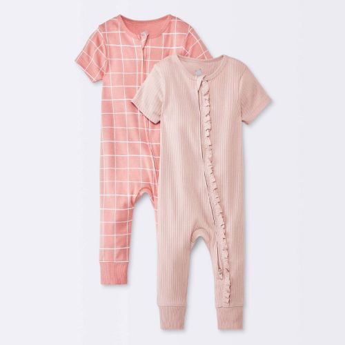 Baby Girls' 2pk Short Sleeve Wide Ribbed Romper - Cloud Island™ Pink, Size: Newborn