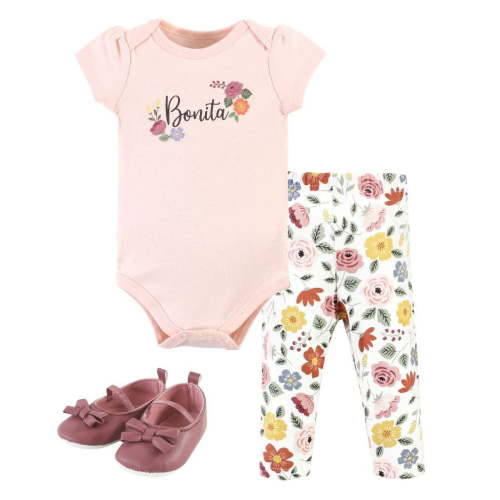 Hudson Baby Infant Girl Cotton Bodysuit, Pant and Shoe Set, Bonita Short Sleeve, Newborn