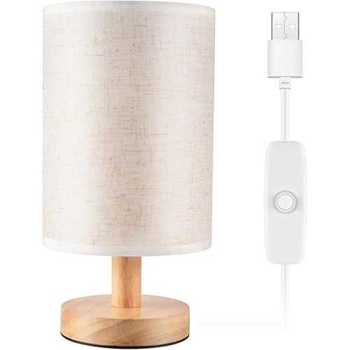 Round Bedside Table Lamp Nightstand Lamp with Fabric Shade and Solid Wood for Bedroom Living Room Modern Office