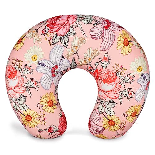 HNHUAMING Pink Floral Nursing Pillow Cover, Stretchy Removable Nursing Covers for Newborn Breastfeeding Pillows， Breastfeeding Pillow Slipcover for Baby Girls and Boy