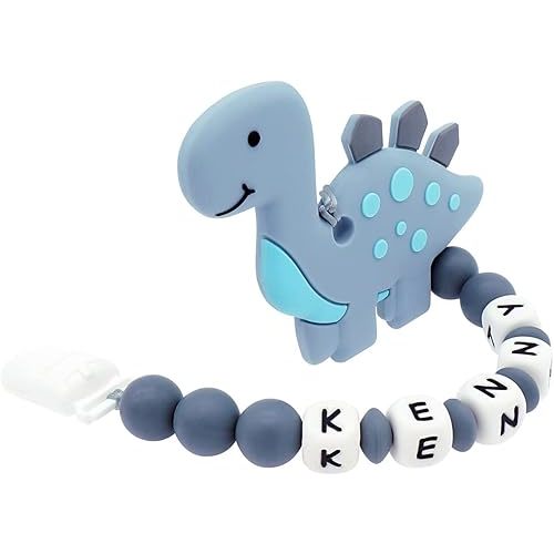 Personalized Stroller Clip with Name, Customized Gift (Grey Stegosaurus)