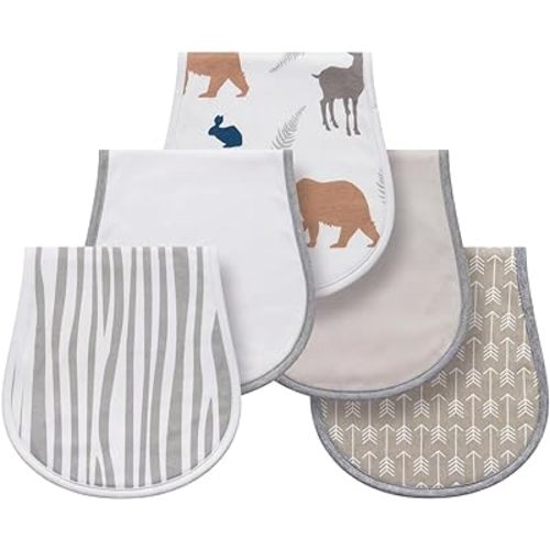Little Tots Burp Cloths 100% Cotton Baby Burp Set, Absorbent & Soft Burping Cloth Newborn Towel for Newborns & Babies Boys & Girls Unisex 5 Pack (Flying Sky) (Grey Jungle)