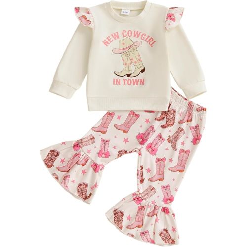 Suolongsama Baby Girl Western Outfit Long Ruffle Sleeve Pullover Sweatshirt Flared Pants Sets Letter Print Winter Clothes