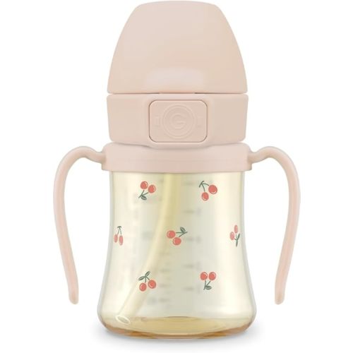 GROSMIMI Flip Top Spill Proof Sippy Cup, PPSU, BPA Free, 6 oz, Stage 2 Straw for Toddlers (Cherry)