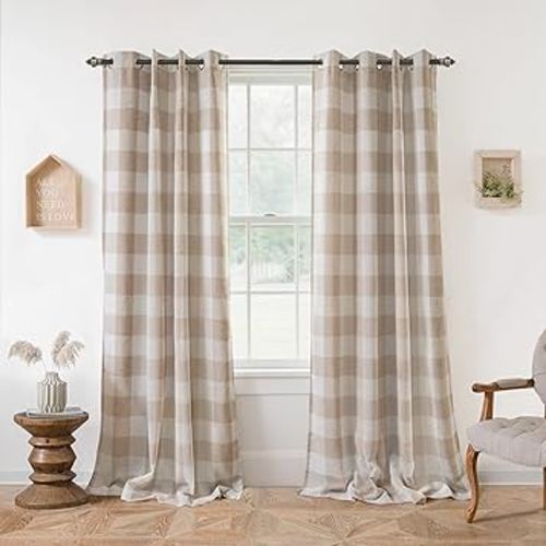 DriftAway Buffalo Plaid Check Curtains Woven Plaid Pattern Lined Blackout Thermal Insulated Window Curtain Grommet 2 Layers 2 Panels 52 Inch by 84 Inch Taupe