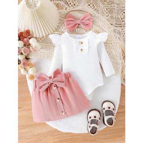 Baby Girl Set Of Solid Color Long Sleeve Bodysuit And Pink Bow Decorated Skirt With Headband | SHEIN