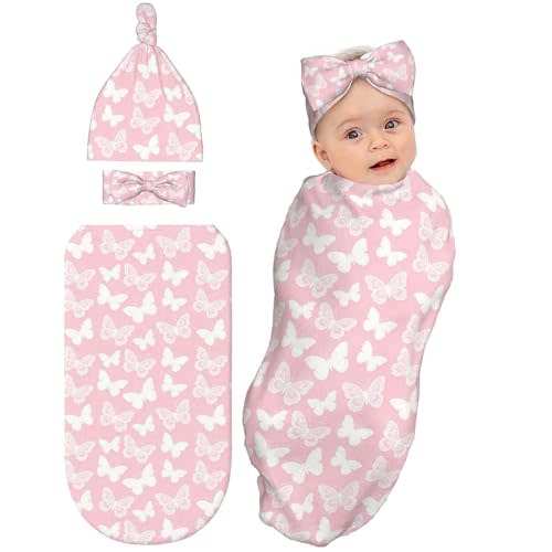 Butterfly Pink Baby Stuff Newborn Pink Swaddle Blanket with Beanie Hat and Headband Set,Baby Swaddle Blanket Gifts for Infant Shower Boys Girls
