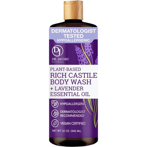 Dr. Jacobs Naturals Pure Castile Soap Liquid Body Wash, Lavender - Plant Based Soap Infused with Vitamin E and Aloe Vera to Moisturize Dry and Sensitive Skin - Made in The USA - 32 oz, Pack of 1