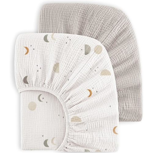 Bearmoss Muslin Crib Sheets - 100% Cotton Baby Crib Sheets Fitted for Standard Crib Mattress & Toddler Bed Mattress 52"x28" Soft Breathable Crib Sheet Neutral for Boys Girls - 2 Pack (Grey Moon)
