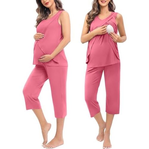 SWOMOG Women Maternity Pajama Set Nursing Pjs Double Layer Sleeveless Top Capri Pregnancy Set Breastfeeding Pjs with Pockets