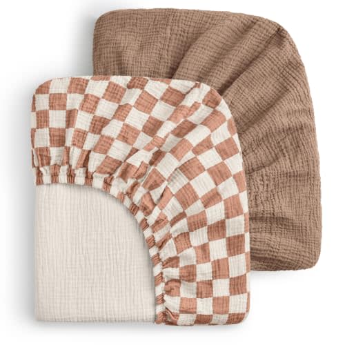 Blissful Diary Muslin Crib Sheets, 2 Pack, Brown Checkboard & Brown | fitted for 52''x28'' crib mattress, soft and breathable cotton, boho style, easy care for machine wash, gift for boy and girl
