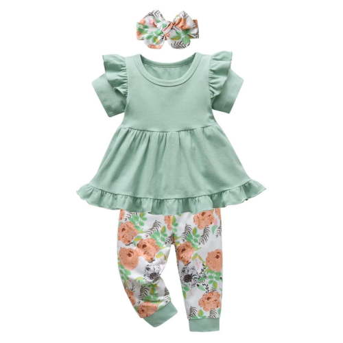 Toddler Baby Girl Clothes Solid Color Short Sleeve Ruffle Tops Pants Headband Outfits Set (9-12 Months, Green)