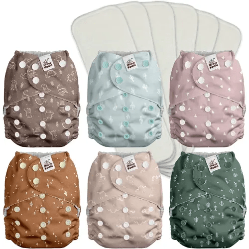 Mama Koala 3.0 Pocket Cloth Diapers for Babies with Suede Cloth Lining, 6 Pack with 6 4-Layer Natural Diaper Inserts - Reusable and Washable Pocket Diapers (Simply Neutral)