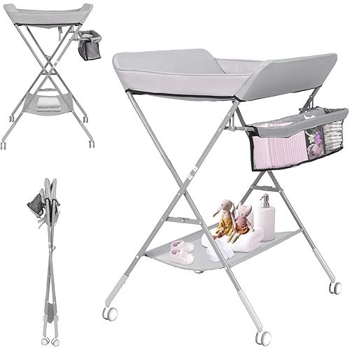 Portable Changing Table for Baby, GIGYES Foldable Baby Changing Station with Wheels & Adjustable Height, Large Storage Rack & Shelf, Ideal for Newborn and Infants